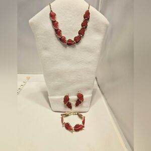 Vintage 1950s Red Thermoset Leaf Jewelry Set - Necklace, Bracelet, and Earrings